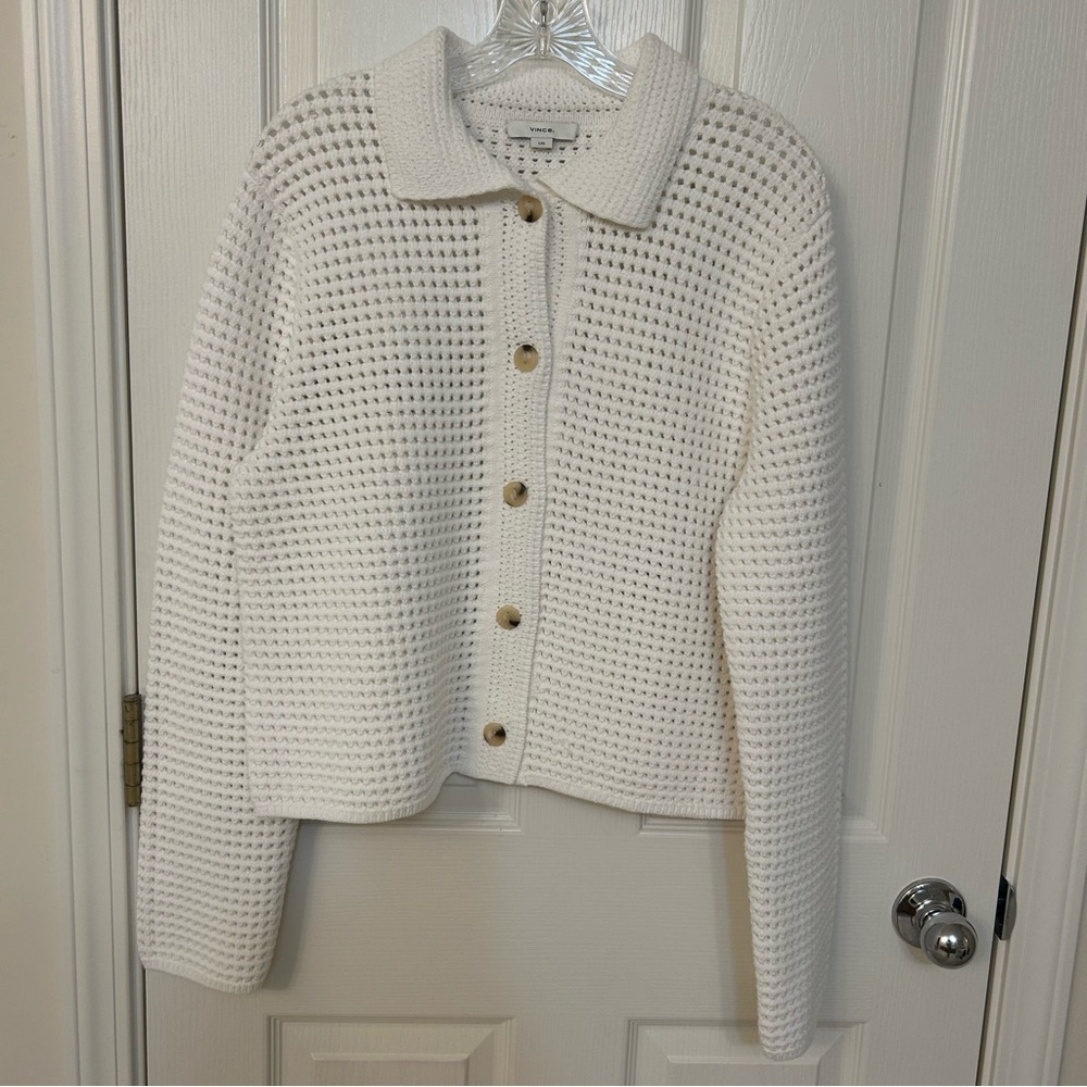 Vince Block Stitch Cardigan in Optic White Size L - Picture 6 of 10